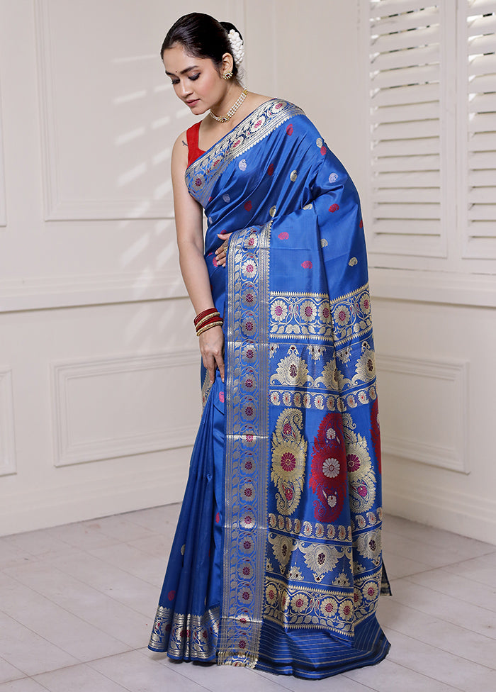 Blue Handloom Baluchari Pure Silk Saree With Blouse Piece