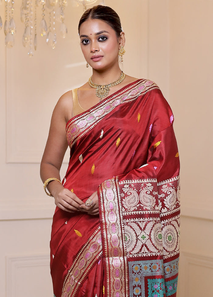 Red Handloom Baluchari Pure Silk Saree With Blouse Piece