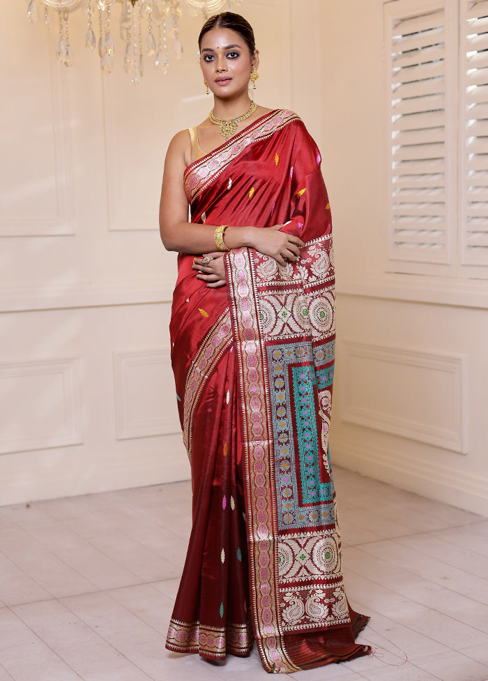 Red Handloom Baluchari Pure Silk Saree With Blouse Piece