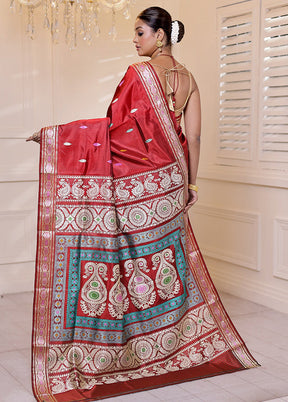 Red Handloom Baluchari Pure Silk Saree With Blouse Piece