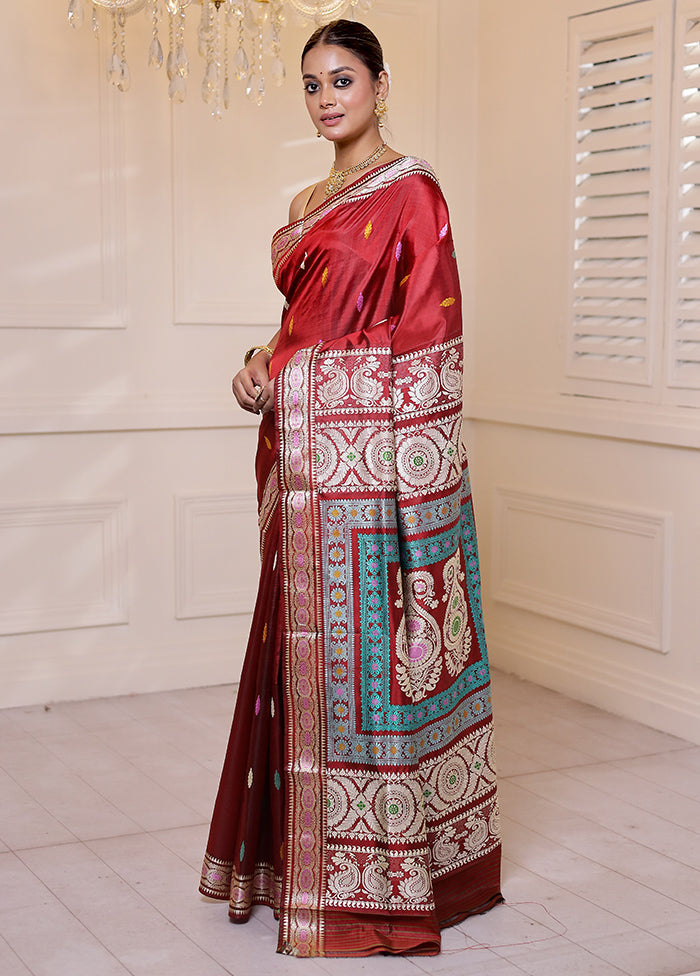 Red Handloom Baluchari Pure Silk Saree With Blouse Piece