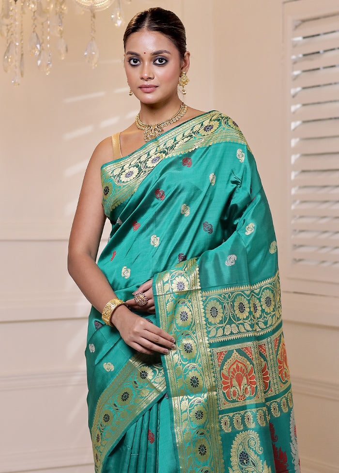 Green Handloom Baluchari Pure Silk Saree With Blouse Piece