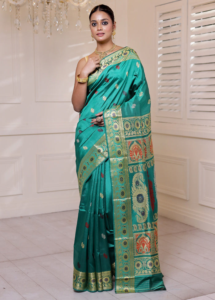 Green Handloom Baluchari Pure Silk Saree With Blouse Piece