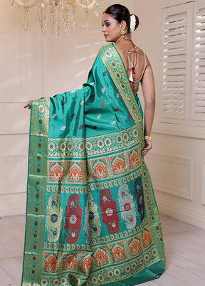 Green Handloom Baluchari Pure Silk Saree With Blouse Piece