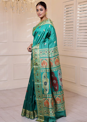 Green Handloom Baluchari Pure Silk Saree With Blouse Piece