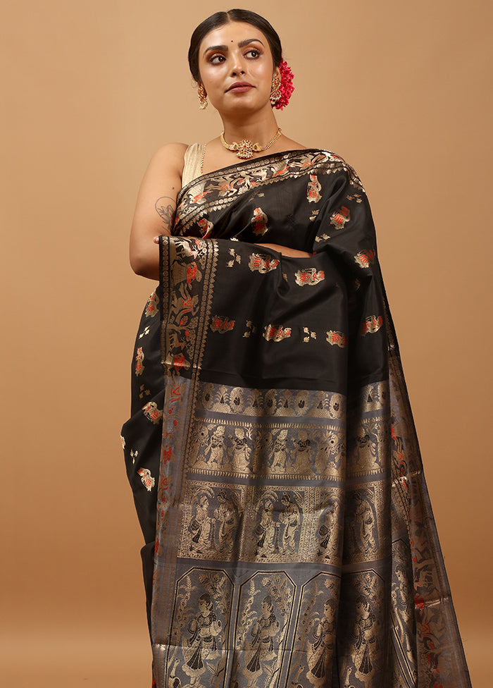 Black Handloom Baluchari Pure Silk Saree With Blouse Piece