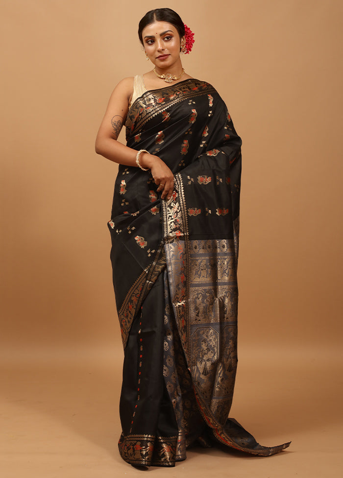 Black Handloom Baluchari Pure Silk Saree With Blouse Piece