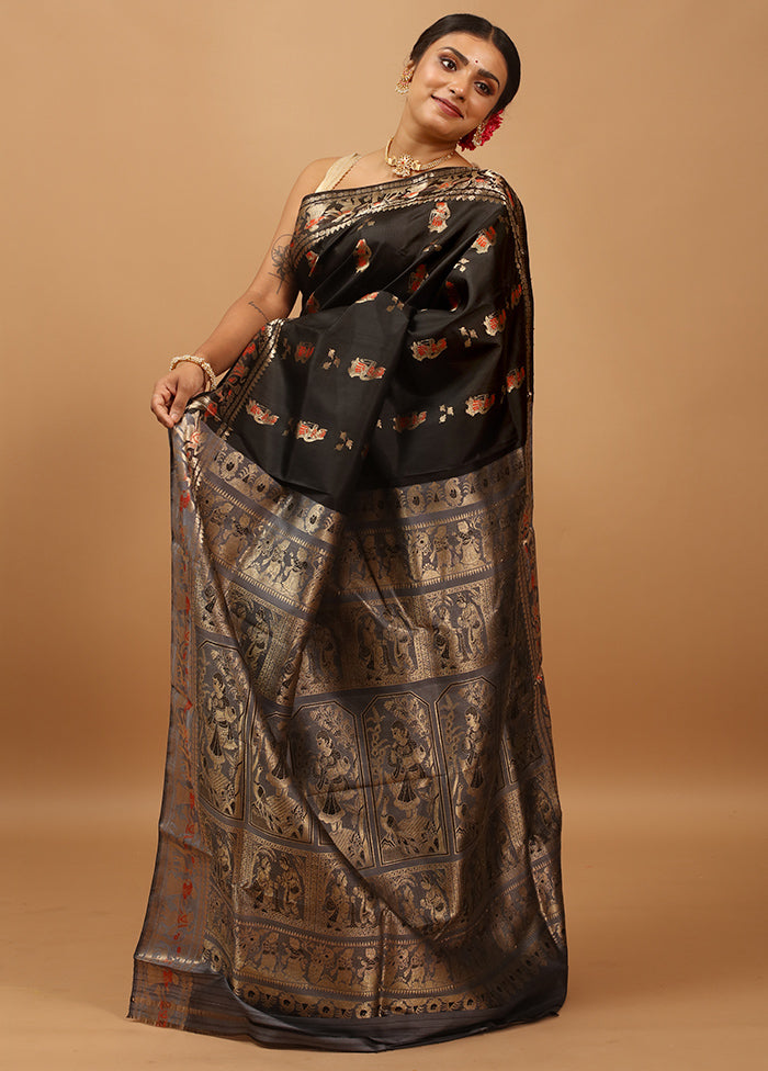 Black Handloom Baluchari Pure Silk Saree With Blouse Piece