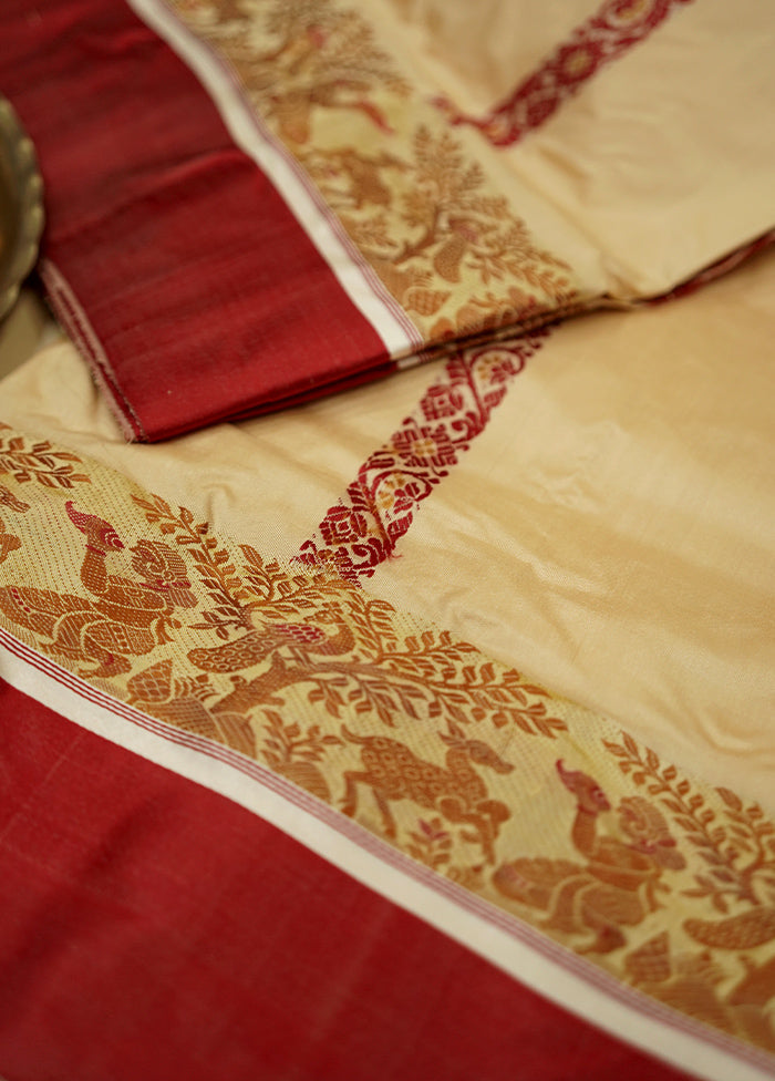 Cream Garad Pure Silk Saree Without Blouse Piece