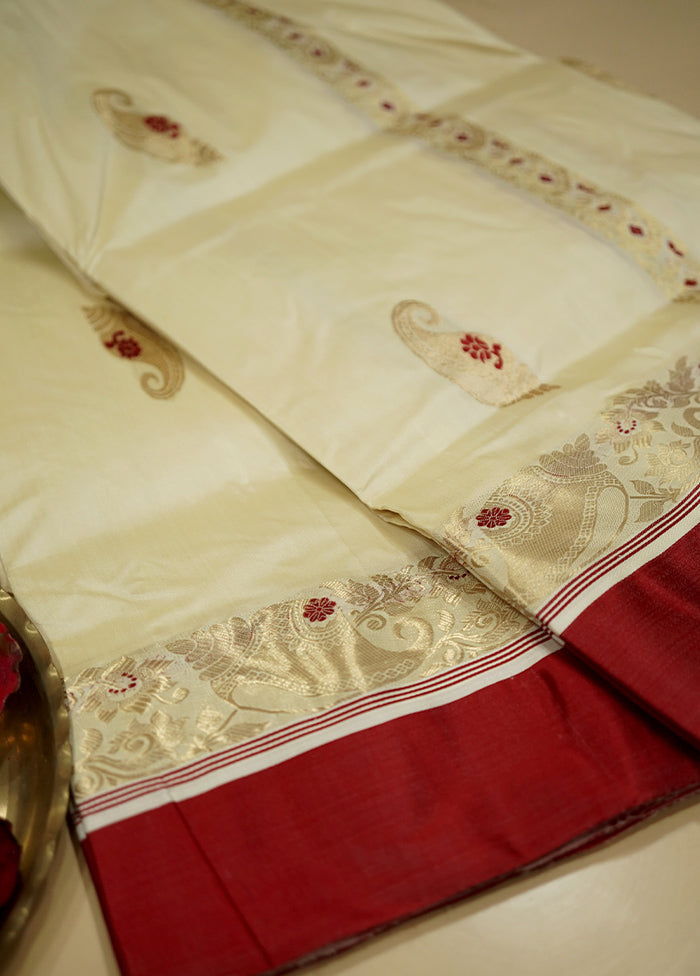 Cream Garad Pure Silk Saree Without Blouse Piece