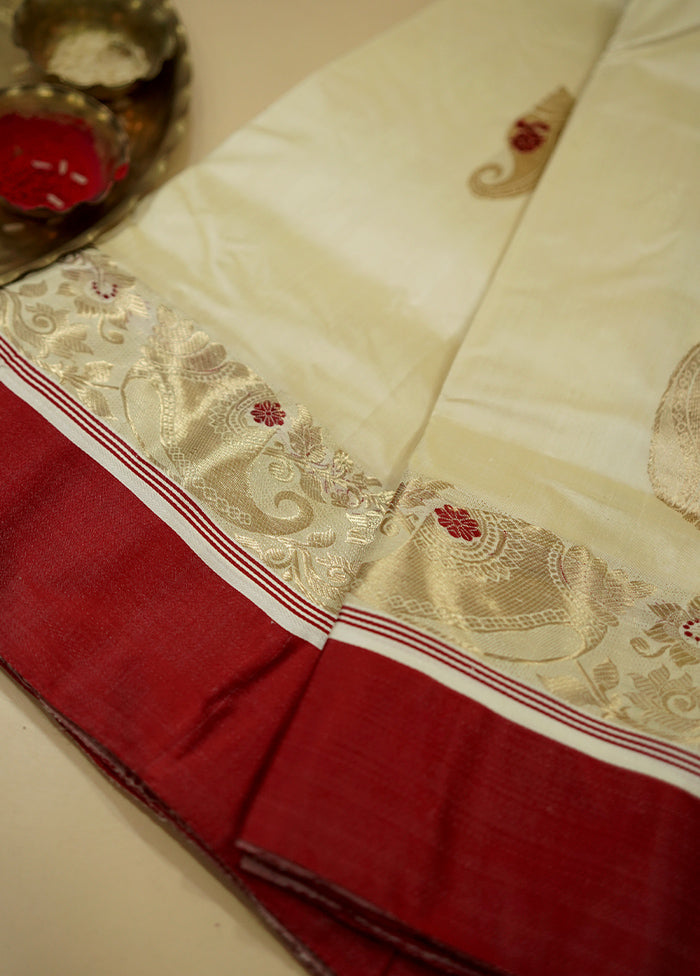 Cream Garad Pure Silk Saree Without Blouse Piece