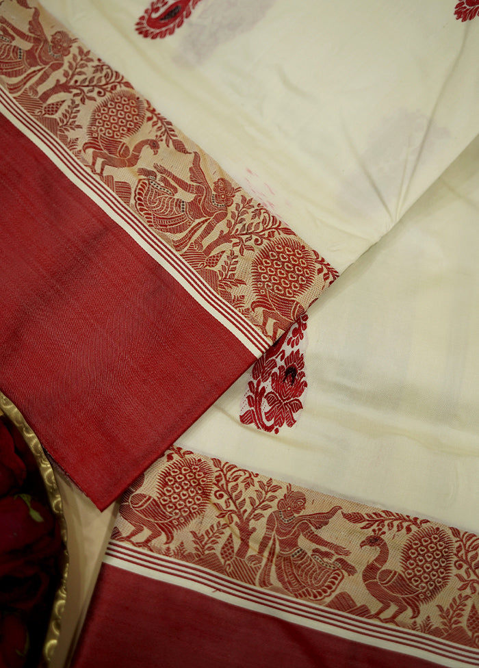 Cream Garad Pure Silk Saree Without Blouse Piece