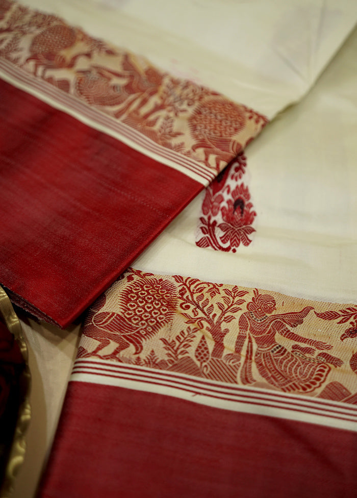 Cream Garad Pure Silk Saree Without Blouse Piece