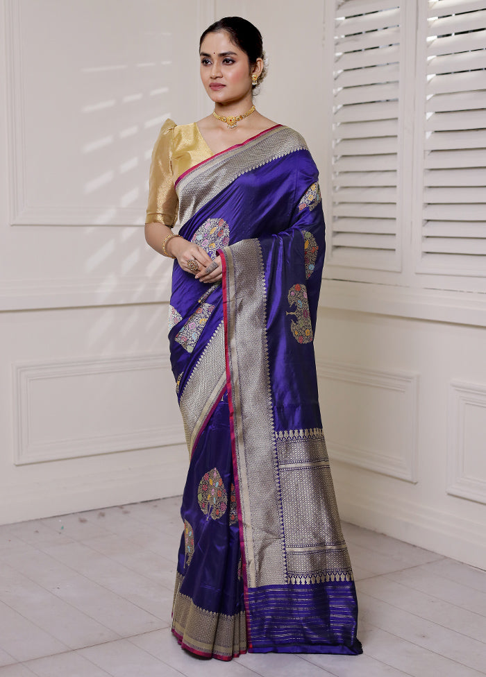 Blue Handloom Katan Pure Silk Saree With Blouse Piece