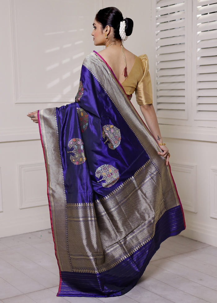 Blue Handloom Katan Pure Silk Saree With Blouse Piece