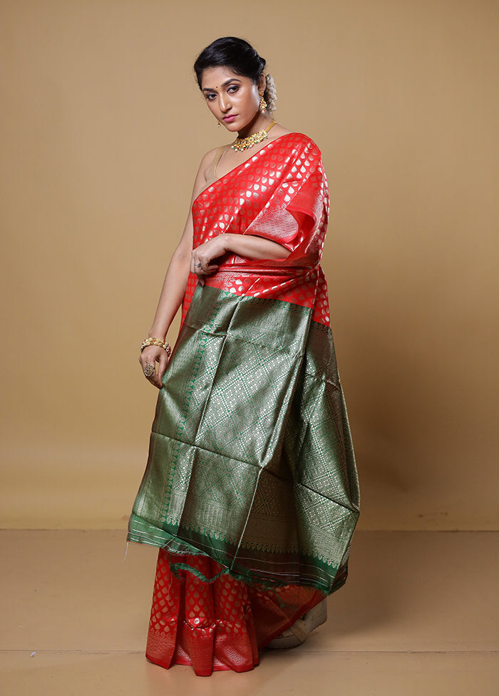 Red Dupion Silk Saree With Blouse Piece