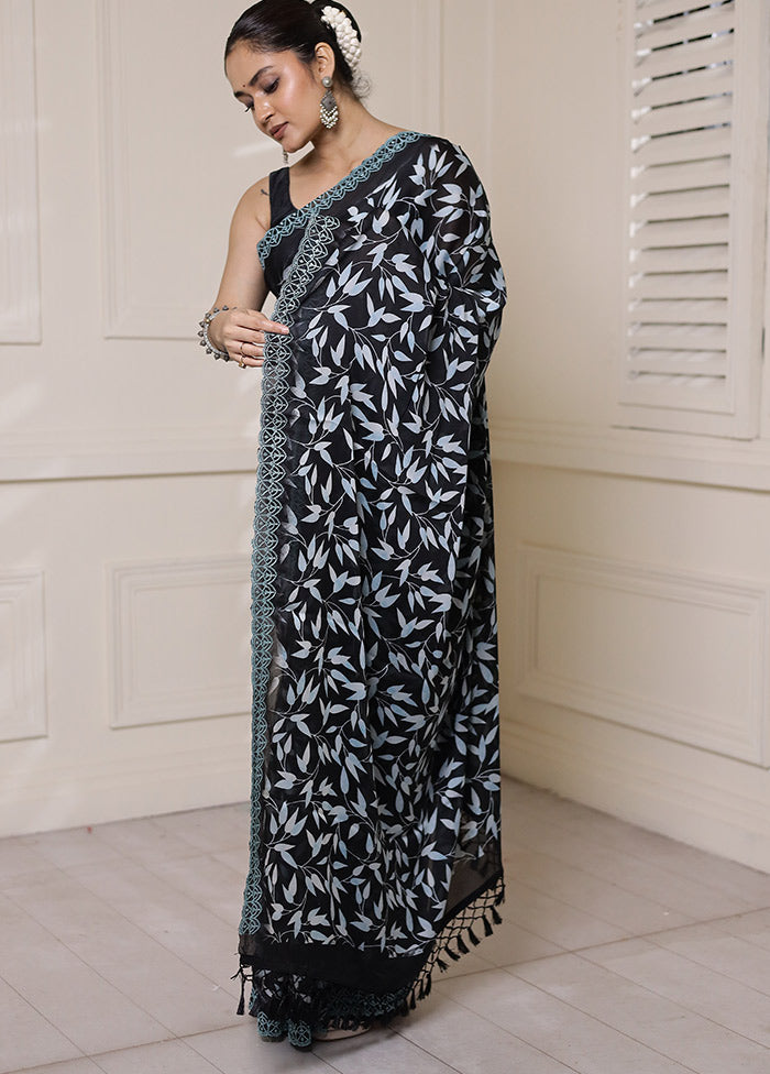 Black Chiffon Silk Saree With Blouse Piece