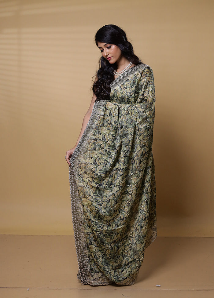 Green Chiffon Silk Saree With Blouse Piece