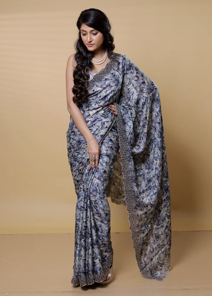 Blue Chiffon Silk Saree With Blouse Piece