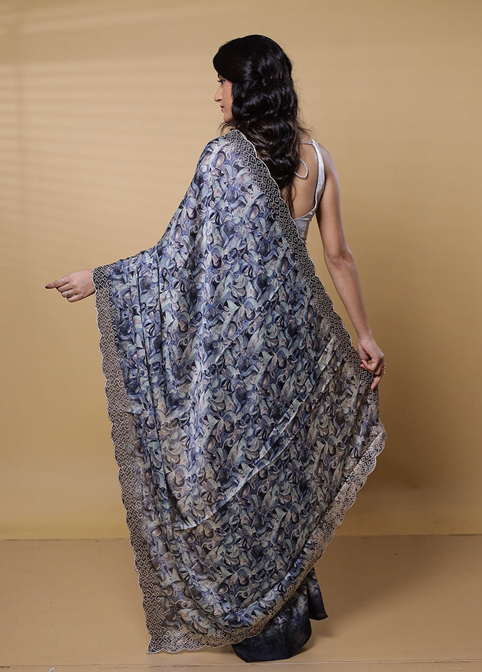 Blue Chiffon Silk Saree With Blouse Piece