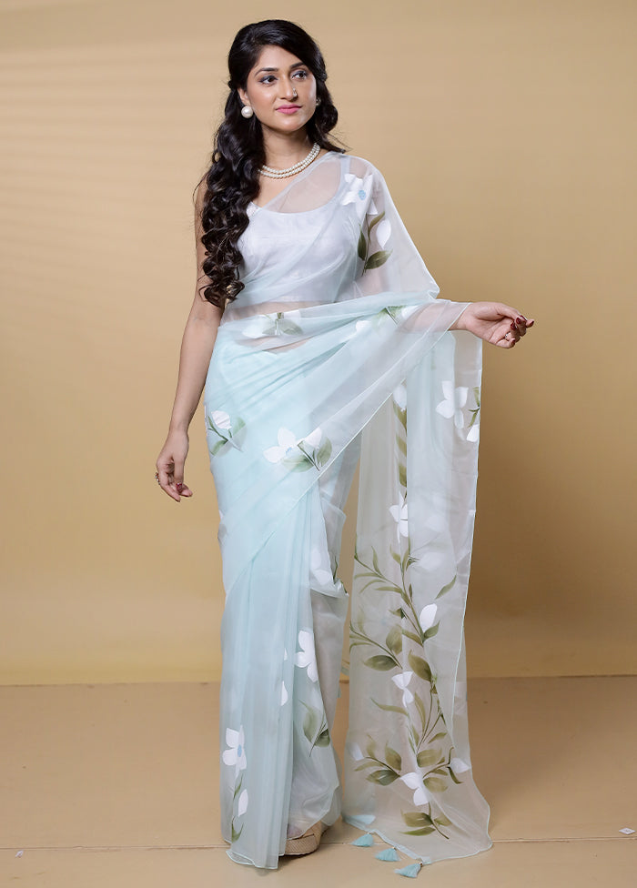 Blue Organza Saree With Blouse Piece