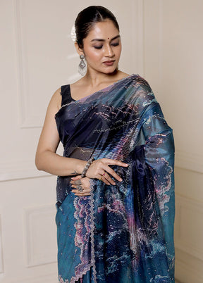 Blue Organza Saree With Blouse Piece