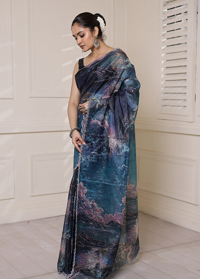 Blue Organza Saree With Blouse Piece