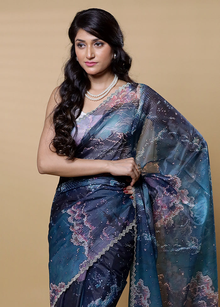 Blue Organza Saree With Blouse Piece