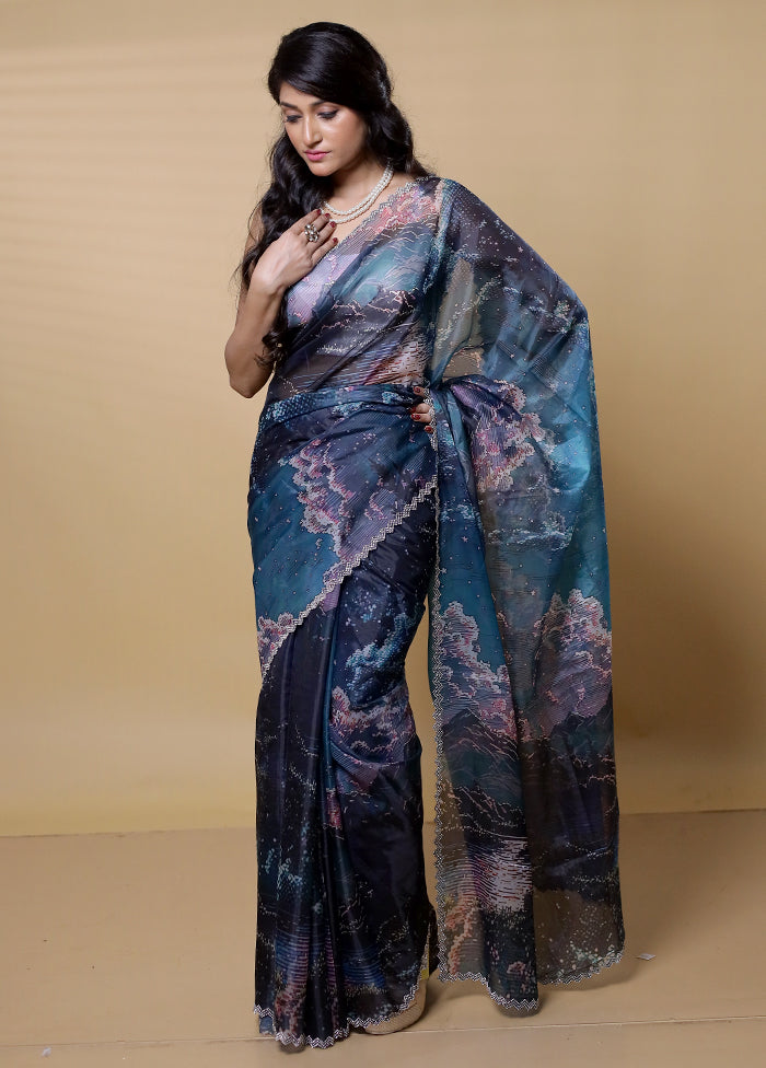 Blue Organza Saree With Blouse Piece