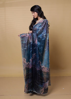 Blue Organza Saree With Blouse Piece