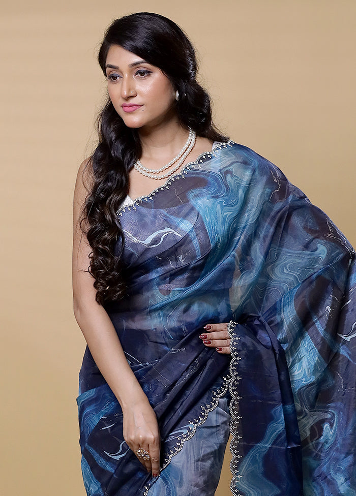 Blue Organza Saree With Blouse Piece