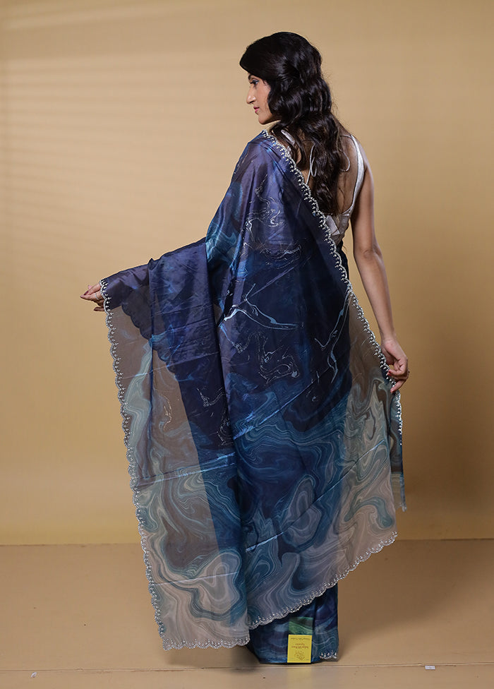 Blue Organza Saree With Blouse Piece