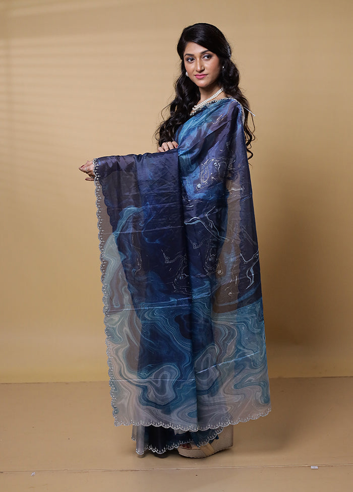 Blue Organza Saree With Blouse Piece