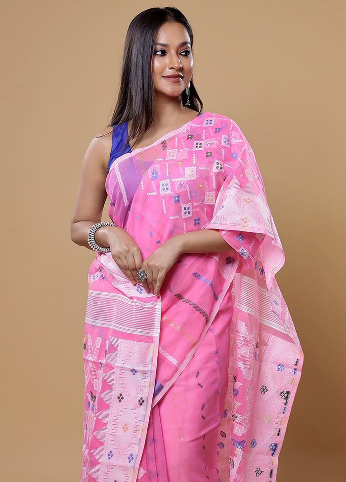 Pink Tant Jamdani Saree Without Blouse Piece