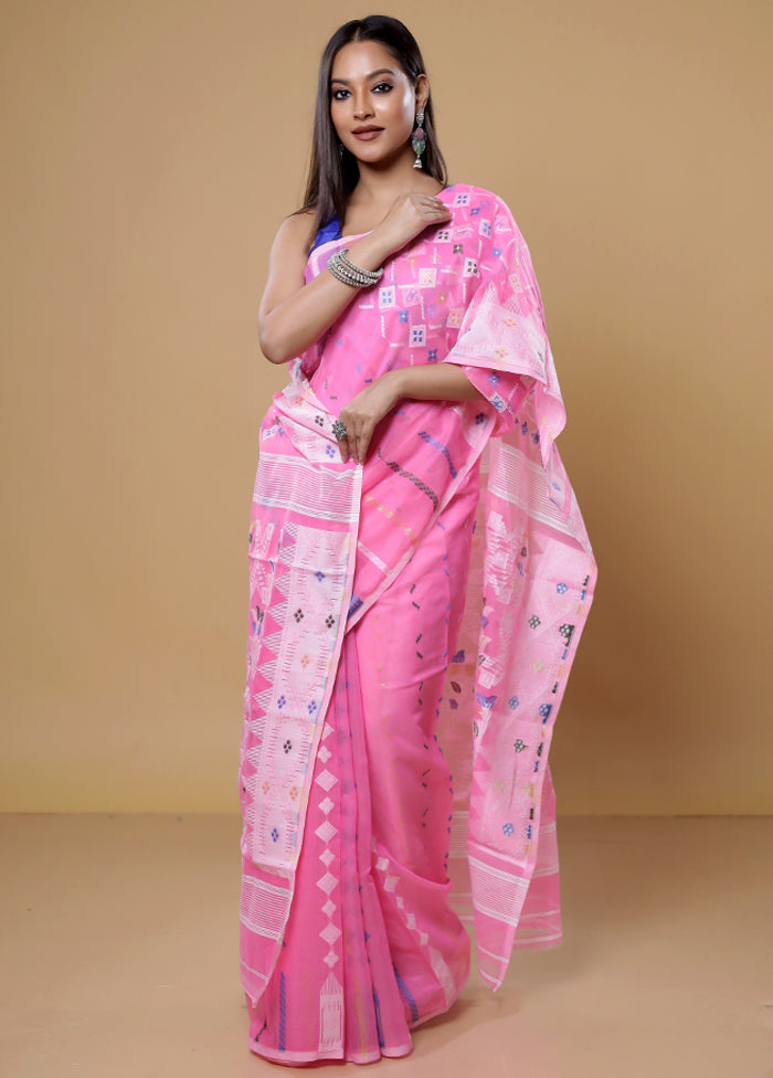 Pink Tant Jamdani Saree Without Blouse Piece