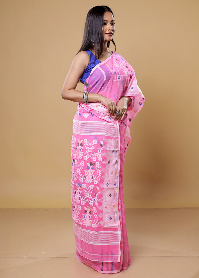 Pink Tant Jamdani Saree Without Blouse Piece