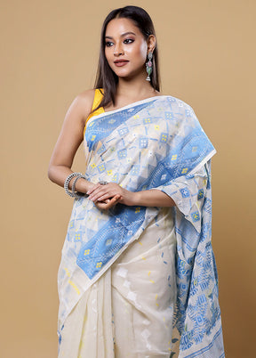 White Tant Jamdani Saree Without Blouse Piece