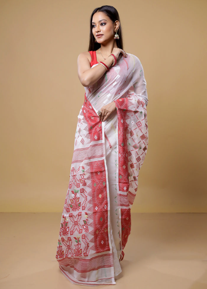 White Tant Jamdani Saree Without Blouse Piece