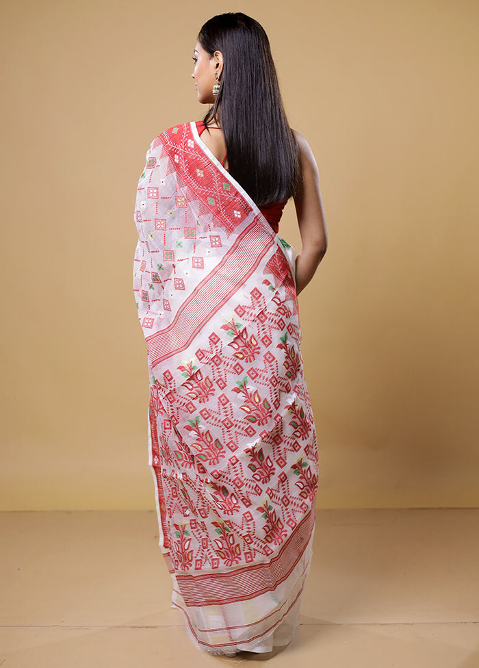 White Tant Jamdani Saree Without Blouse Piece