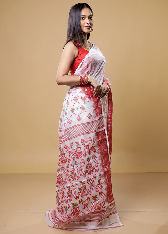 White Tant Jamdani Saree Without Blouse Piece