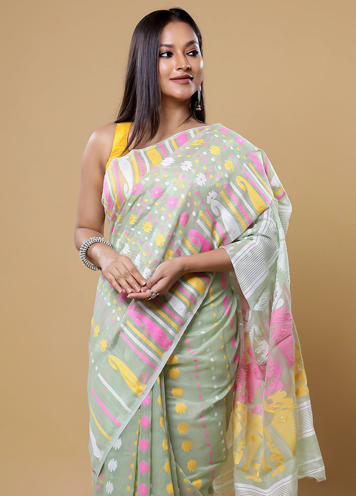 Green Tant Jamdani Saree Without Blouse Piece