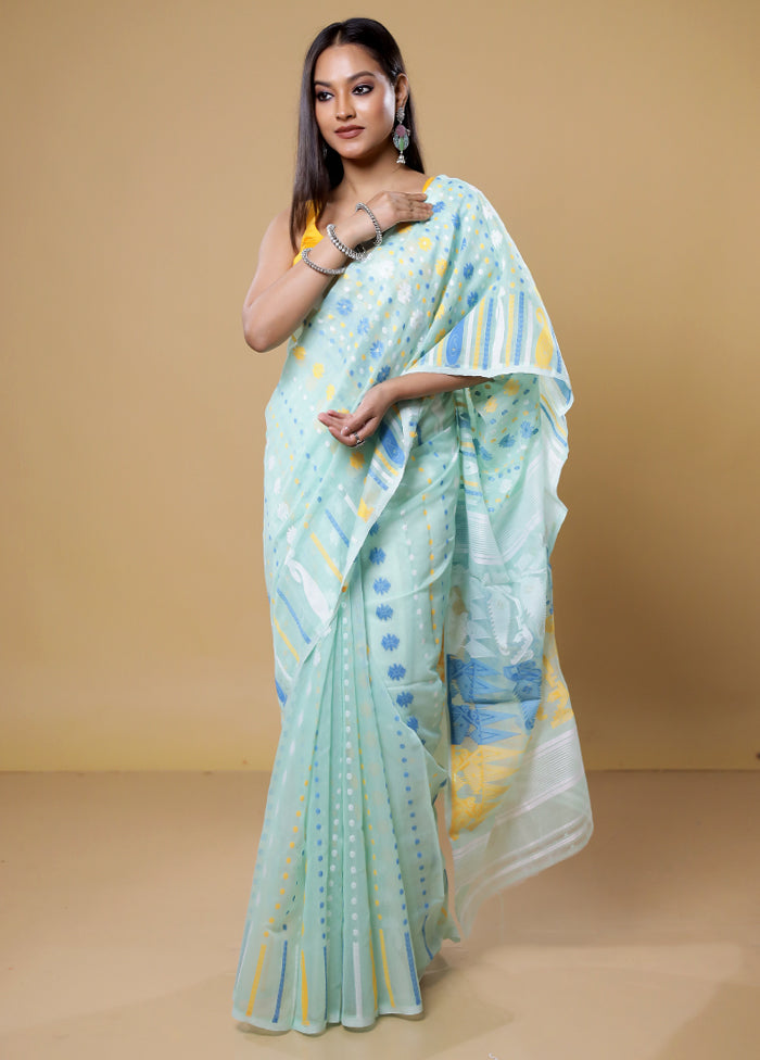 Green Tant Jamdani Saree Without Blouse Piece