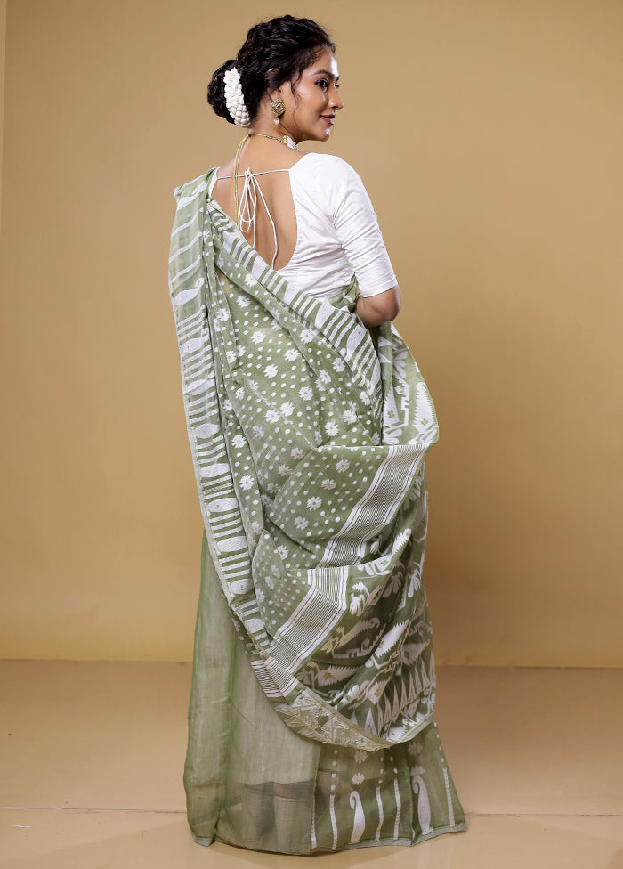 Green Tant Jamdani Saree Without Blouse Piece