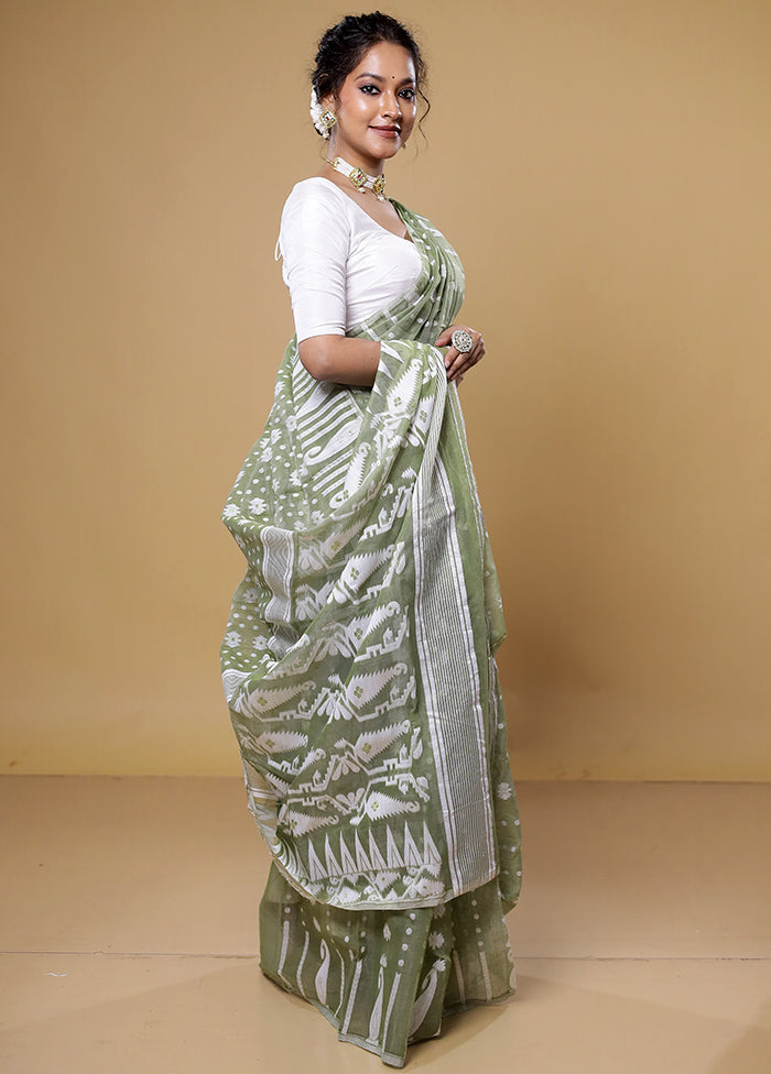 Green Tant Jamdani Saree Without Blouse Piece