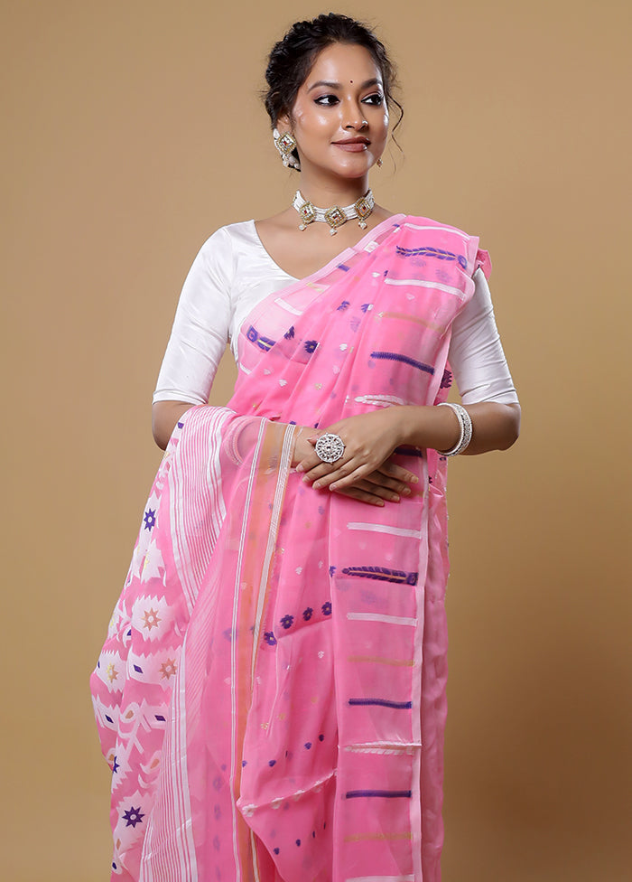 Pink Tant Jamdani Saree Without Blouse Piece