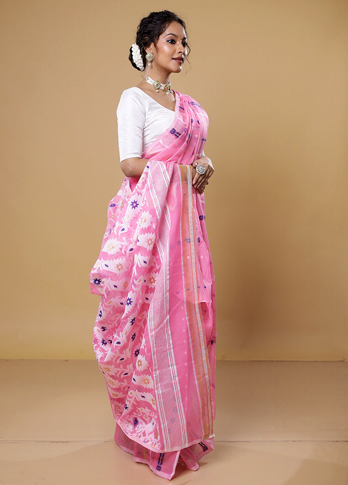 Pink Tant Jamdani Saree Without Blouse Piece