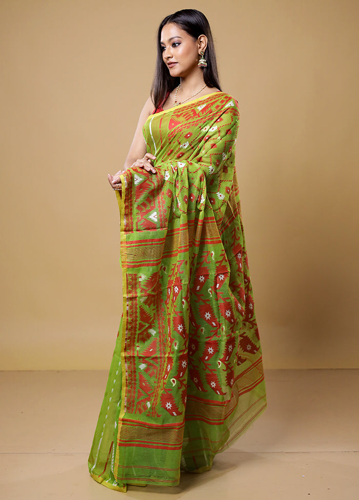 Green Tant Jamdani Saree Without Blouse Piece