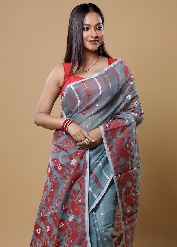 Grey Tant Jamdani Saree Without Blouse Piece