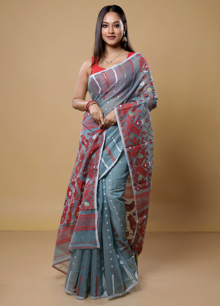 Grey Tant Jamdani Saree Without Blouse Piece