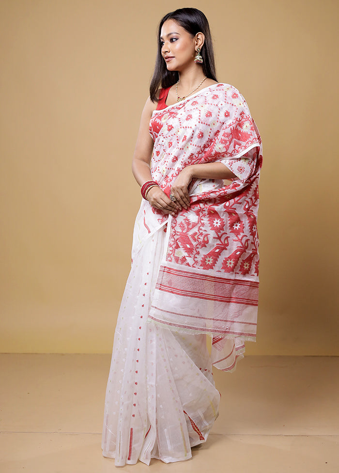 White Tant Jamdani Saree Without Blouse Piece